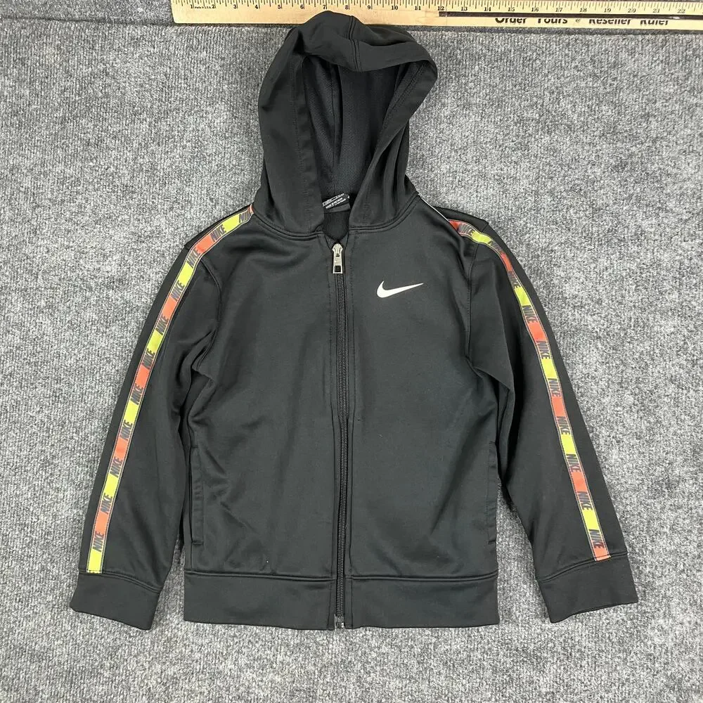 Nike Dri-Fit Jacket Youth Size 6/M Black Full Zip Hooded Logo Athletic Track Top